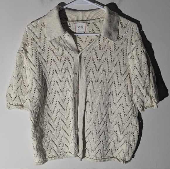BDG Cream Knit Button-Up Short Sleeve Shirt - Picture 1 of 6